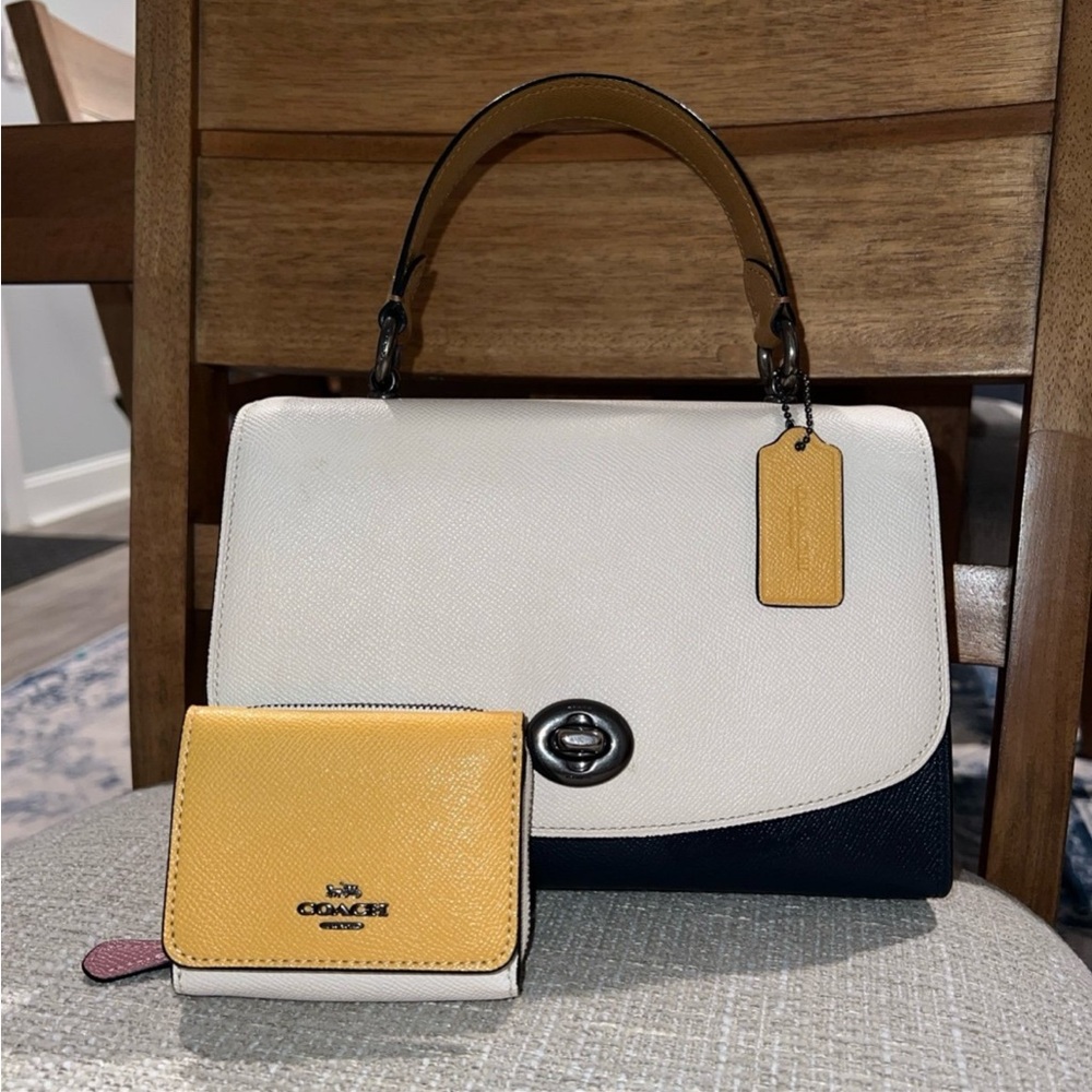 Coach Satchel with Matching Tri Fold Wallet-Beige, Camel, Black & Purple Leather